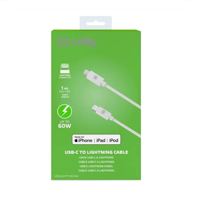 Celly Cavo USB-C - Lightning 1.5m 60w, bianco