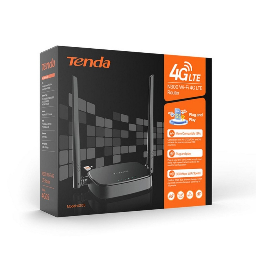 Tenda Wireless N Router 4G LTE 4G05 N300 Cat.4 150 mbps su rete e 300 mbps su Wi-fi su singola banda 2.4G 