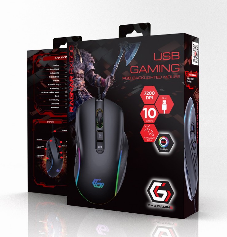 Gembird Mouse Gaming RGB backlighted, USB 7200DPI 10 Tasti