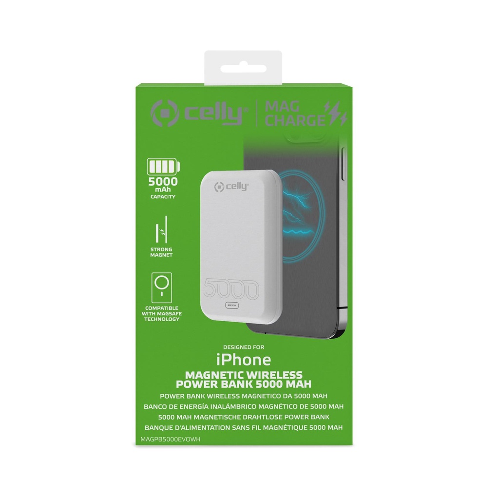 Celly Powerbank Magnetico Wireless 5000 mAh, Bianco