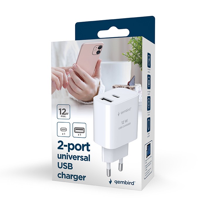 Gembird Caricatore USB universale a 2 porte (A+C), 2,4 A, Bianco