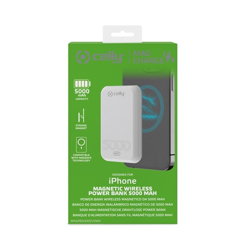 [MAGPB5000EVOWH] Celly Powerbank Magnetico Wireless 5000 mAh, Bianco